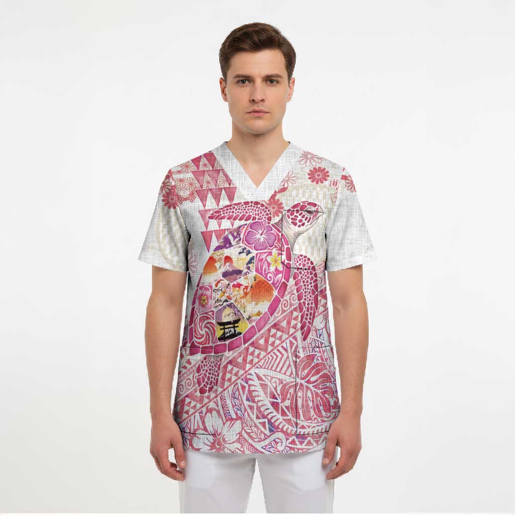 Hawaiian and Japanese Culture Together Scrub Top Tropical Honu with Japanese Elements Pink Color LT03 - Polynesian Pride