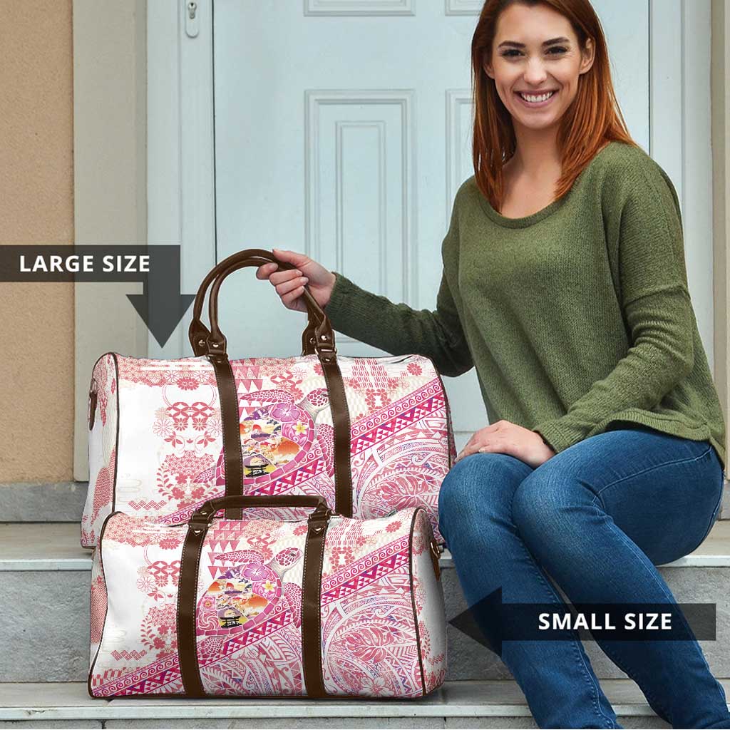 Hawaiian and Japanese Culture Together Travel Bag Tropical Honu with Japanese Elements Pink Color