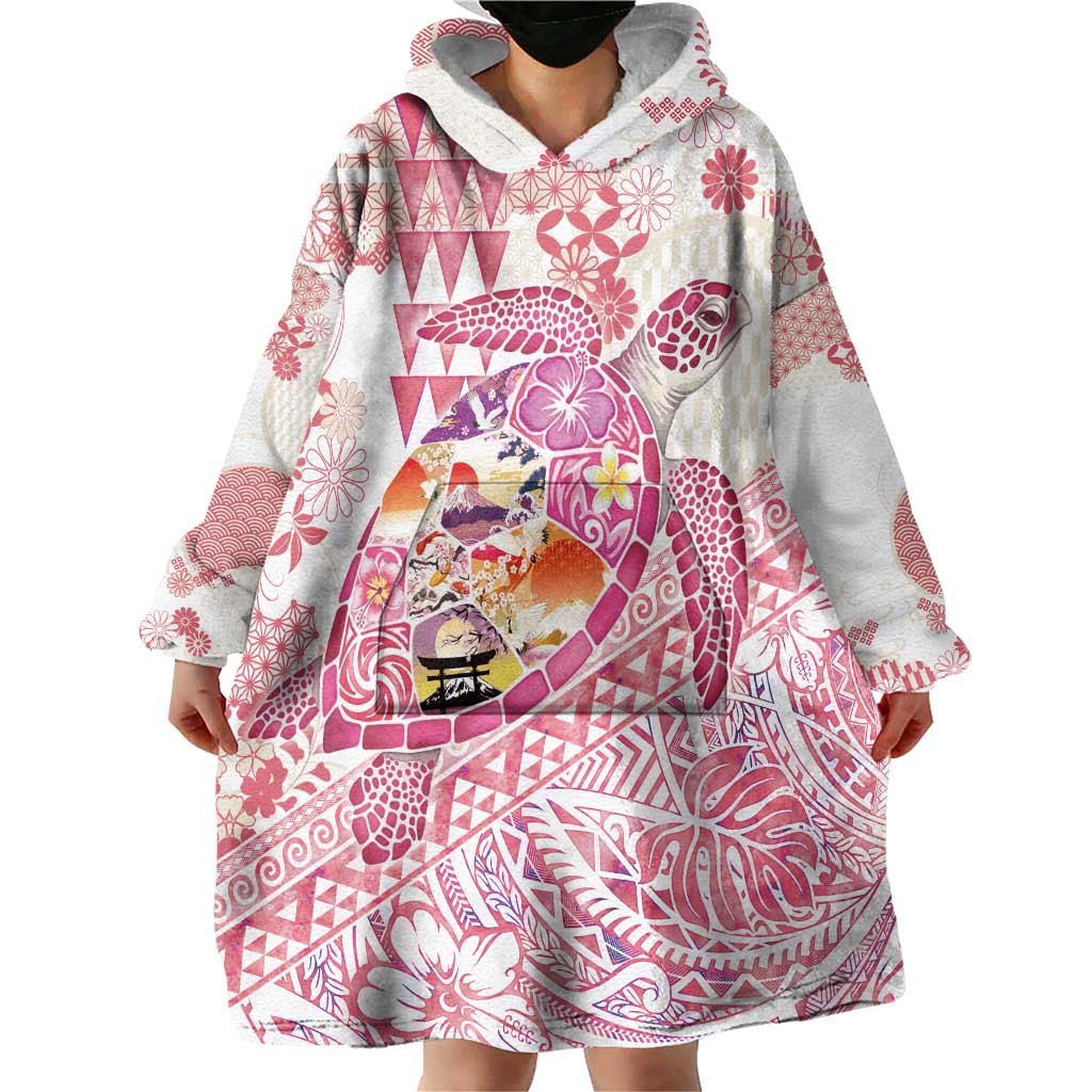 Hawaiian and Japanese Culture Together Wearable Blanket Hoodie Tropical Honu with Japanese Elements Pink Color