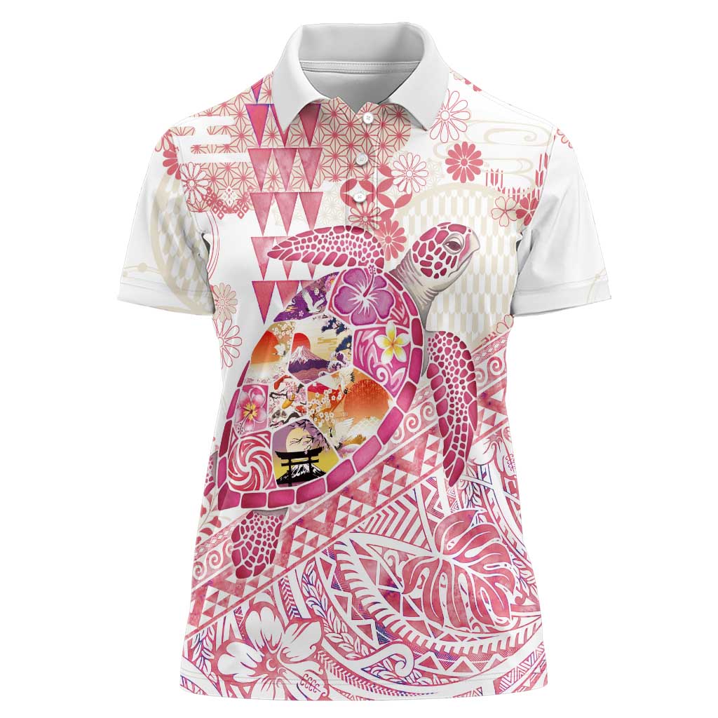 Hawaiian and Japanese Culture Together Women Polo Shirt Tropical Honu with Japanese Elements Pink Color