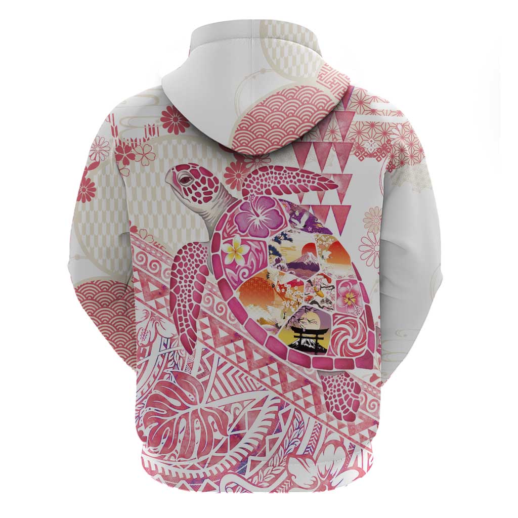 Hawaiian and Japanese Culture Together Zip Hoodie Tropical Honu with Japanese Elements Pink Color