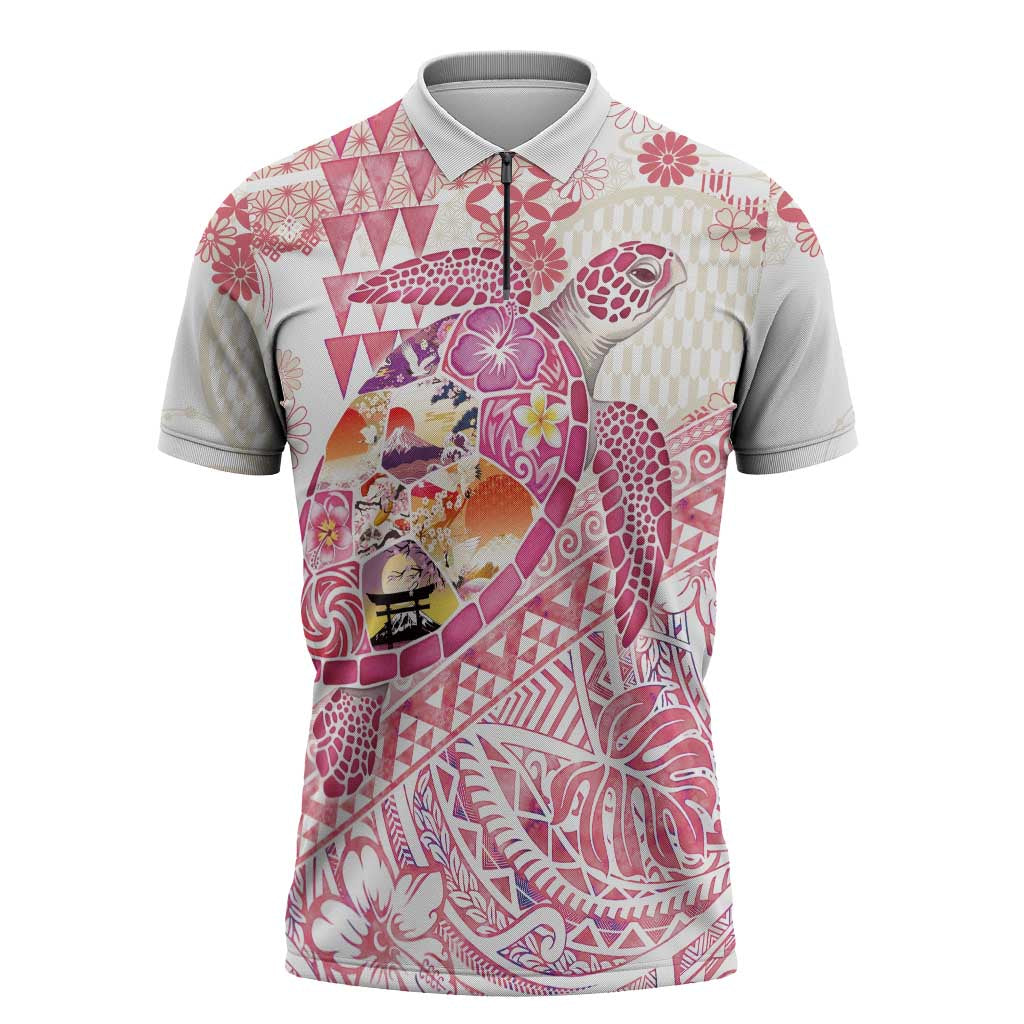 Hawaiian and Japanese Culture Together Zipper Polo Shirt Tropical Honu with Japanese Elements Pink Color