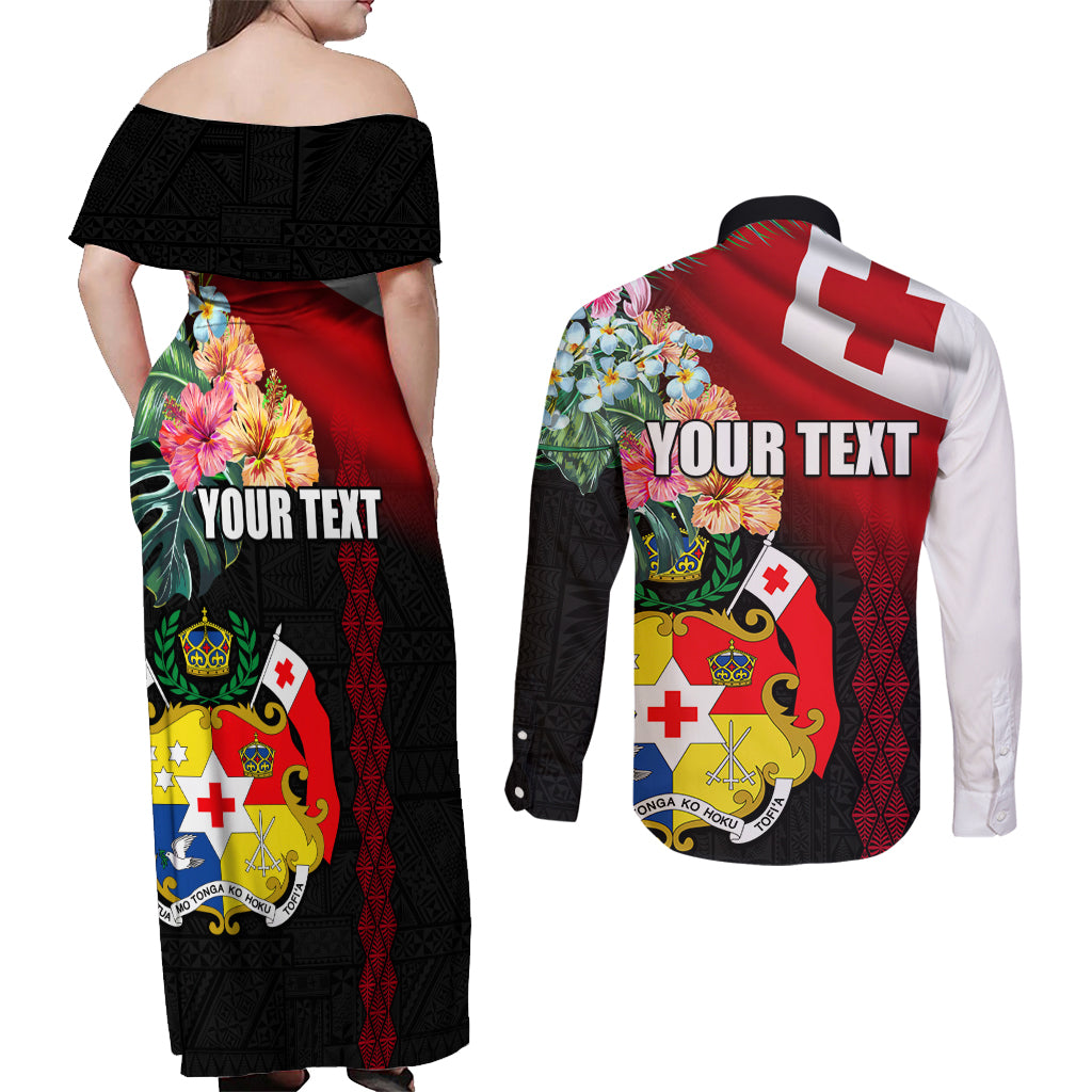 Personalised Tonga Emancipation Day Couples Matching Off Shoulder Maxi Dress and Long Sleeve Button Shirt Flag Map and Hibiscus Flower Ngatu Pattern LT03 - Polynesian Pride