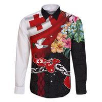 Personalised Tonga Emancipation Day Family Matching Off Shoulder Maxi Dress and Hawaiian Shirt Flag Map and Hibiscus Flower Ngatu Pattern LT03 Dad's Shirt - Long Sleeve Black - Polynesian Pride