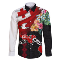 Personalised Tonga Emancipation Day Family Matching Puletasi and Hawaiian Shirt Flag Map and Hibiscus Flower Ngatu Pattern LT03 Dad's Shirt - Long Sleeve Black - Polynesian Pride