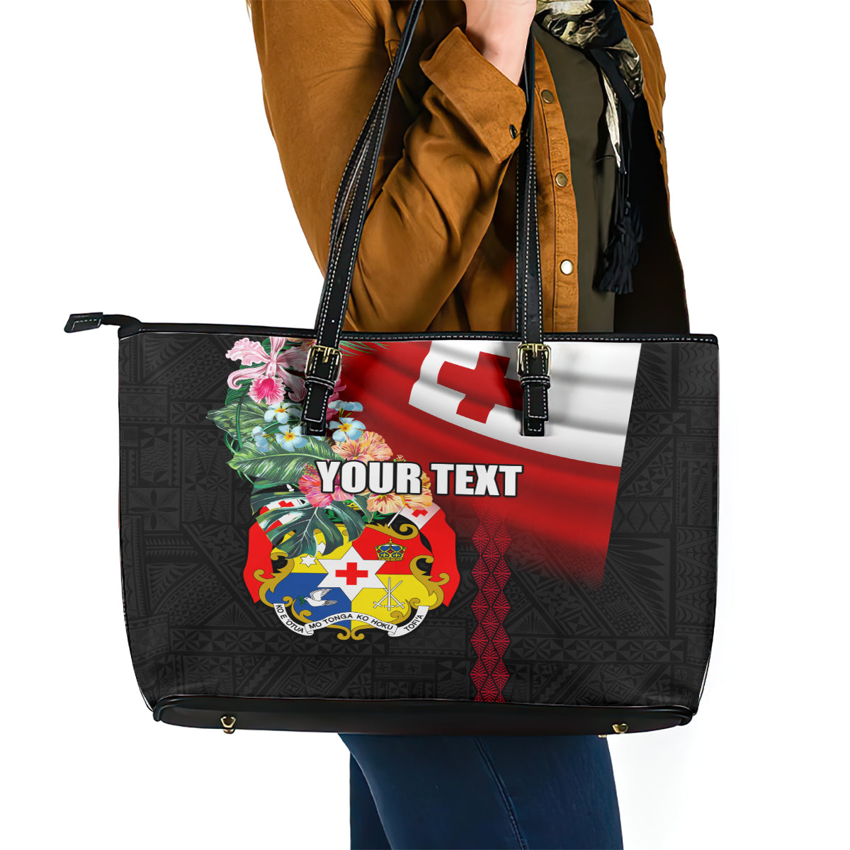 Personalised Tonga Emancipation Day Leather Tote Bag Flag Map and Hibiscus Flower Ngatu Pattern