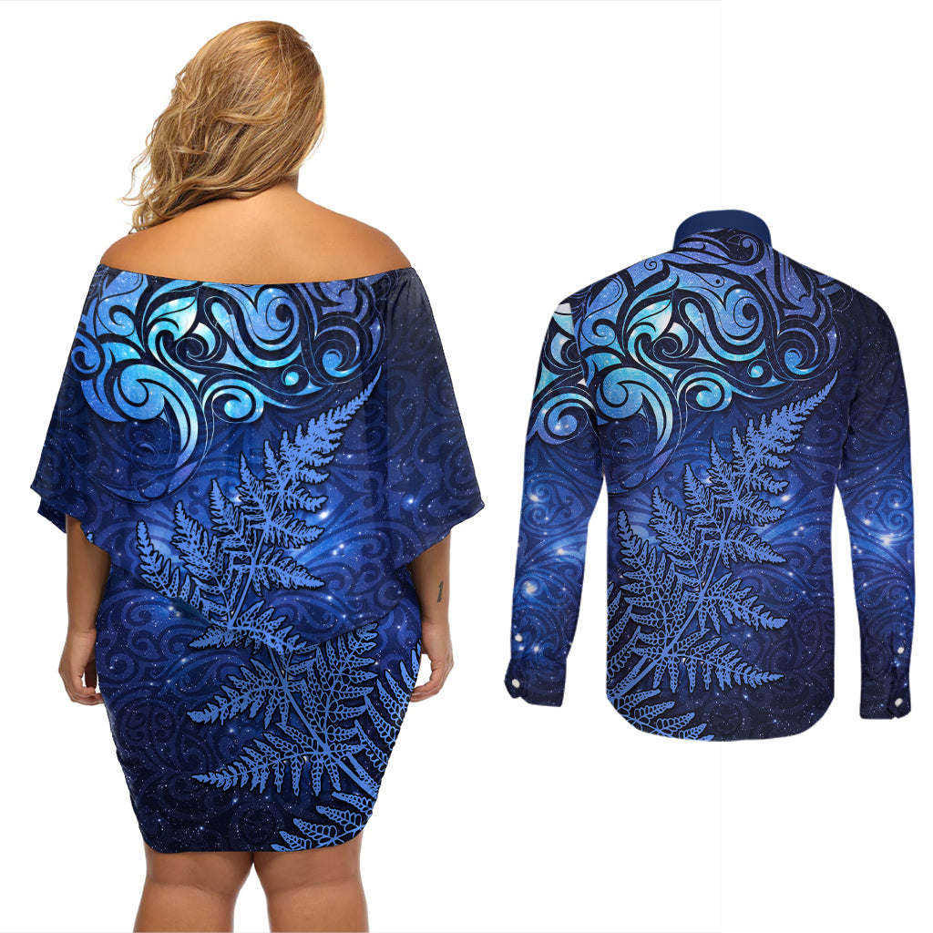 New Zealand Matariki Couples Matching Off Shoulder Short Dress and Long Sleeve Button Shirt Maori Pattern and Silver Fern