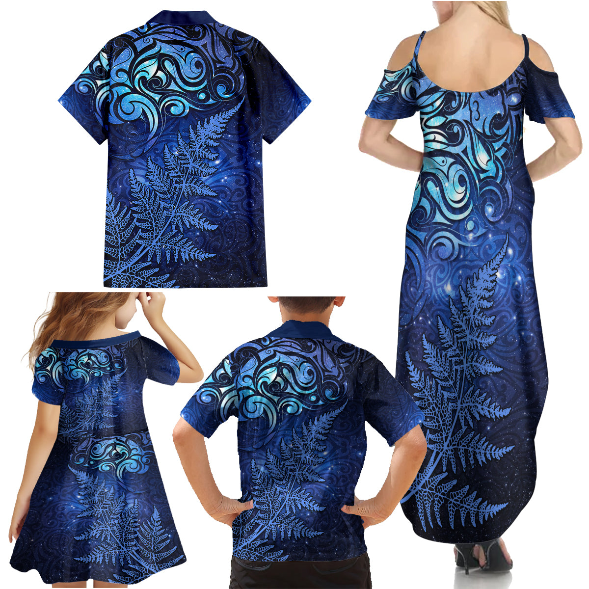New Zealand Matariki Family Matching Summer Maxi Dress and Hawaiian Shirt Maori Pattern and Silver Fern