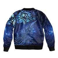 New Zealand Matariki Sleeve Zip Bomber Jacket Maori Pattern and Silver Fern