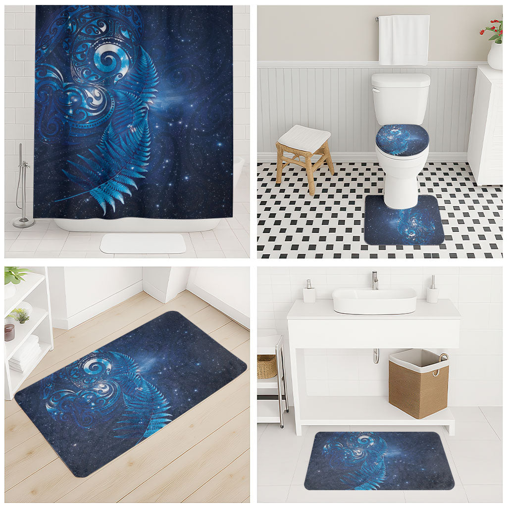 Aotearoa New Zealand New Year Bathroom Set Tribal Koru Tattoo Blue Galaxy Maori Silver Fern