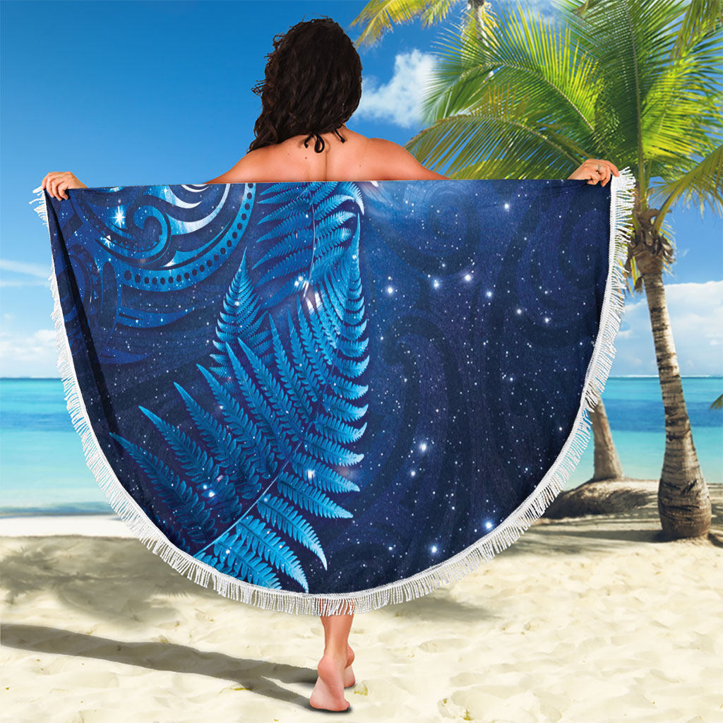 Aotearoa New Zealand New Year Beach Blanket Tribal Koru Tattoo Blue Galaxy Maori Silver Fern