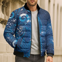 Aotearoa New Zealand New Year Bomber Puffer Jacket Tribal Koru Tattoo Blue Galaxy Maori Silver Fern