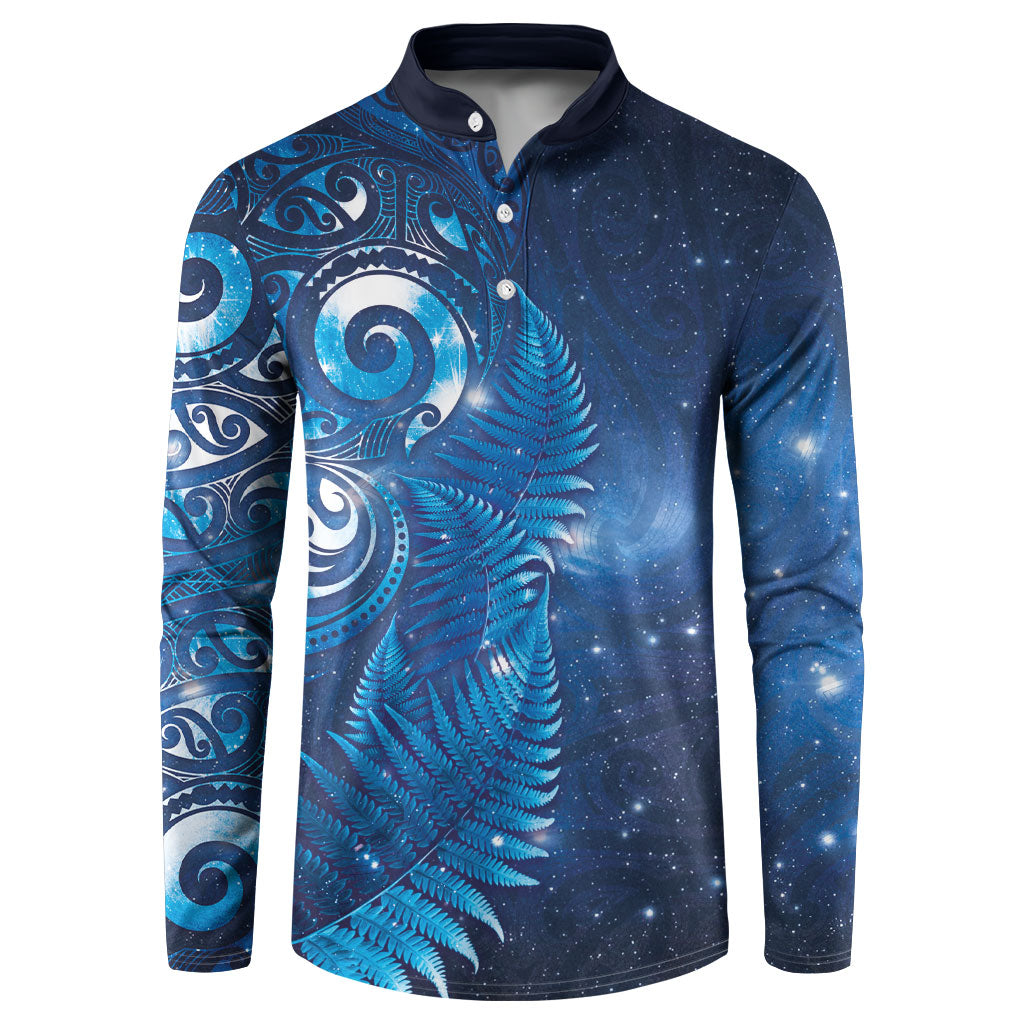 Aotearoa New Zealand New Year Button Sweatshirt Tribal Koru Tattoo Blue Galaxy Maori Silver Fern
