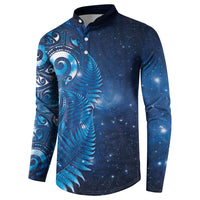 Aotearoa New Zealand New Year Button Sweatshirt Tribal Koru Tattoo Blue Galaxy Maori Silver Fern