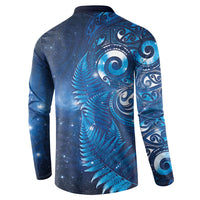 Aotearoa New Zealand New Year Button Sweatshirt Tribal Koru Tattoo Blue Galaxy Maori Silver Fern