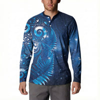 Aotearoa New Zealand New Year Button Sweatshirt Tribal Koru Tattoo Blue Galaxy Maori Silver Fern