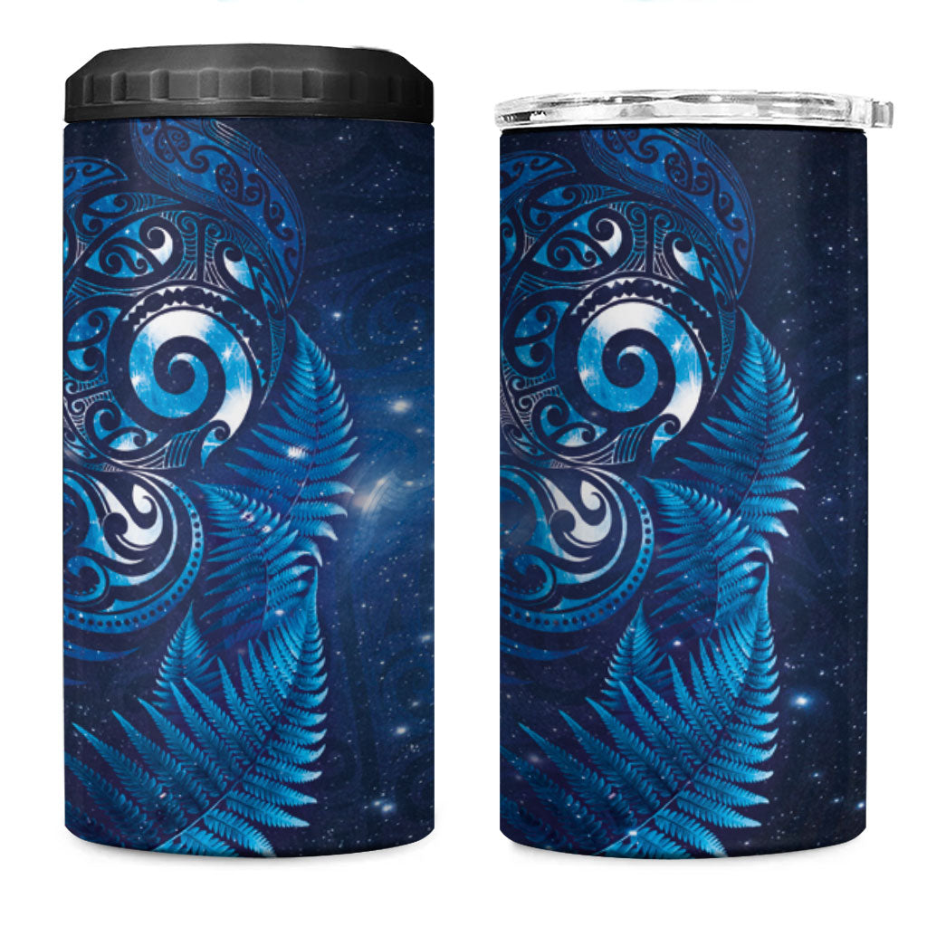 Aotearoa New Zealand New Year 4 in 1 Can Cooler Tumbler Tribal Koru Tattoo Blue Galaxy Maori Silver Fern