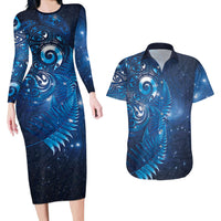 Aotearoa New Zealand New Year Couples Matching Long Sleeve Bodycon Dress and Hawaiian Shirt Tribal Koru Tattoo Blue Galaxy Maori Silver Fern