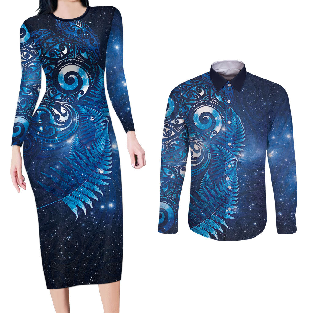 Aotearoa New Zealand New Year Couples Matching Long Sleeve Bodycon Dress and Long Sleeve Button Shirt Tribal Koru Tattoo Blue Galaxy Maori Silver Fern