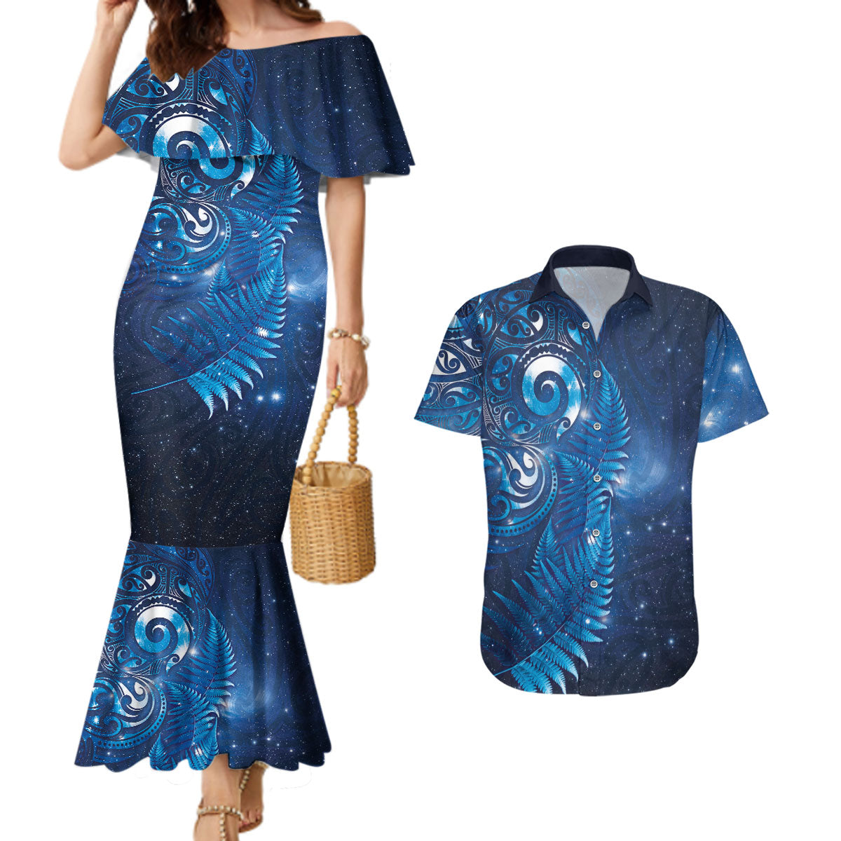 Aotearoa New Zealand New Year Couples Matching Mermaid Dress and Hawaiian Shirt Tribal Koru Tattoo Blue Galaxy Maori Silver Fern