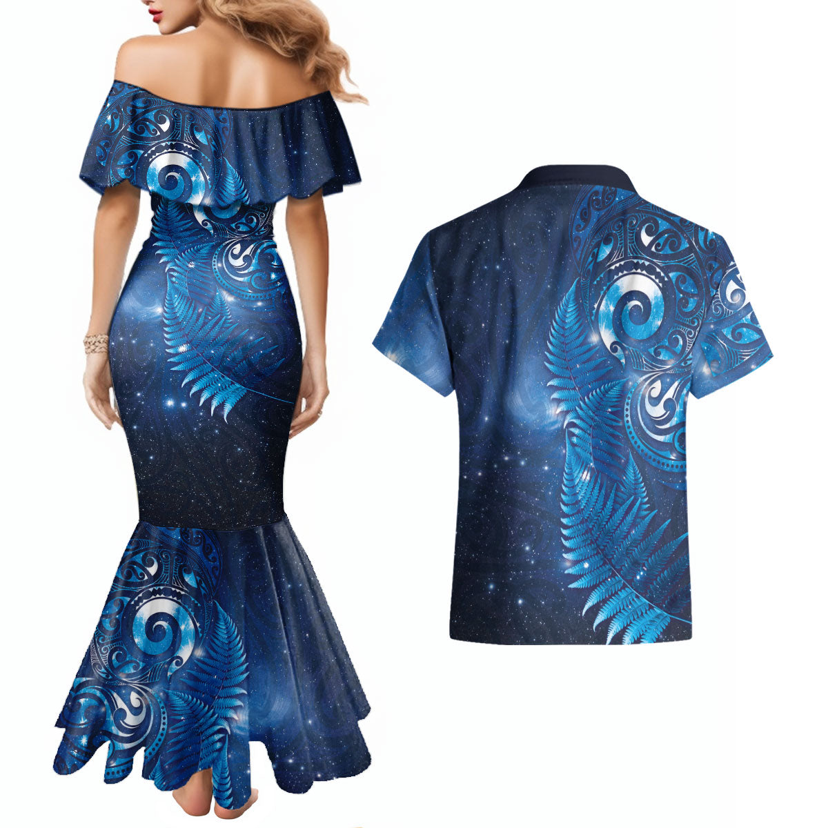 Aotearoa New Zealand New Year Couples Matching Mermaid Dress and Hawaiian Shirt Tribal Koru Tattoo Blue Galaxy Maori Silver Fern