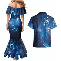 Aotearoa New Zealand New Year Couples Matching Mermaid Dress and Hawaiian Shirt Tribal Koru Tattoo Blue Galaxy Maori Silver Fern