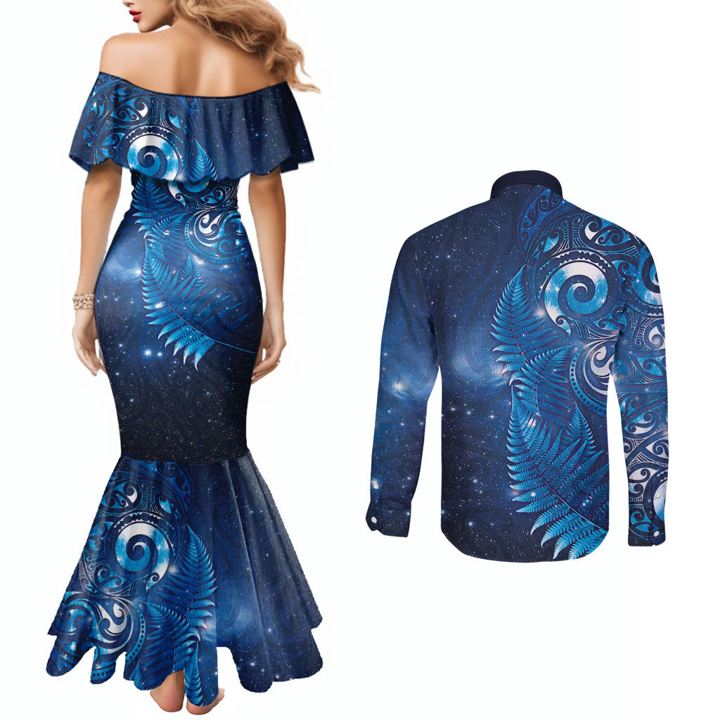 Aotearoa New Zealand New Year Couples Matching Mermaid Dress and Long Sleeve Button Shirt Tribal Koru Tattoo Blue Galaxy Maori Silver Fern
