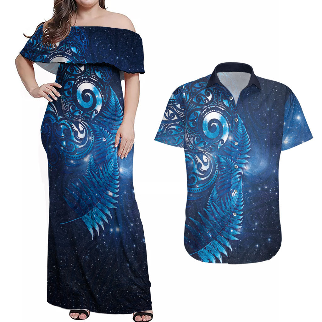 Aotearoa New Zealand New Year Couples Matching Off Shoulder Maxi Dress and Hawaiian Shirt Tribal Koru Tattoo Blue Galaxy Maori Silver Fern