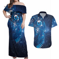 Aotearoa New Zealand New Year Couples Matching Off Shoulder Maxi Dress and Hawaiian Shirt Tribal Koru Tattoo Blue Galaxy Maori Silver Fern