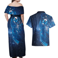 Aotearoa New Zealand New Year Couples Matching Off Shoulder Maxi Dress and Hawaiian Shirt Tribal Koru Tattoo Blue Galaxy Maori Silver Fern