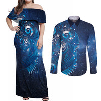 Aotearoa New Zealand New Year Couples Matching Off Shoulder Maxi Dress and Long Sleeve Button Shirt Tribal Koru Tattoo Blue Galaxy Maori Silver Fern