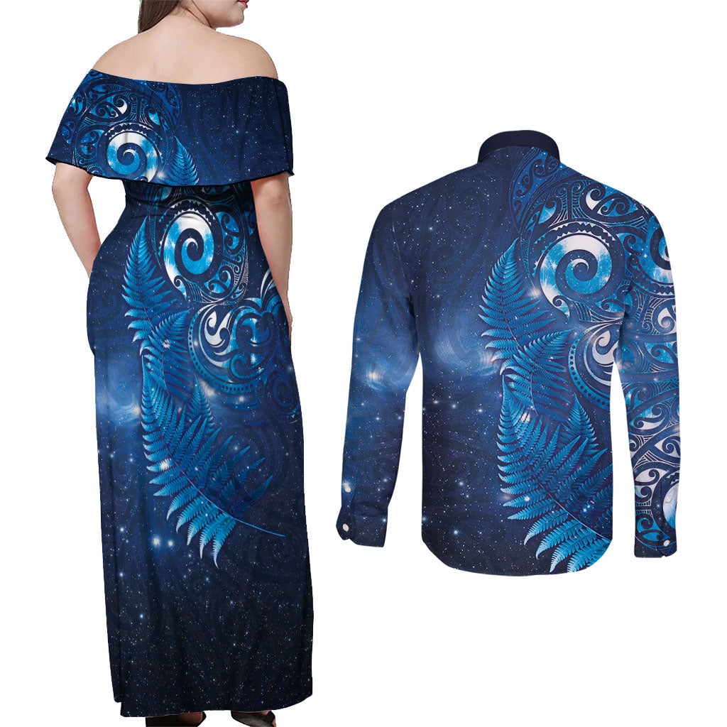 Aotearoa New Zealand New Year Couples Matching Off Shoulder Maxi Dress and Long Sleeve Button Shirt Tribal Koru Tattoo Blue Galaxy Maori Silver Fern
