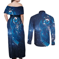 Aotearoa New Zealand New Year Couples Matching Off Shoulder Maxi Dress and Long Sleeve Button Shirt Tribal Koru Tattoo Blue Galaxy Maori Silver Fern