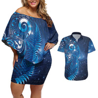 Aotearoa New Zealand New Year Couples Matching Off Shoulder Short Dress and Hawaiian Shirt Tribal Koru Tattoo Blue Galaxy Maori Silver Fern