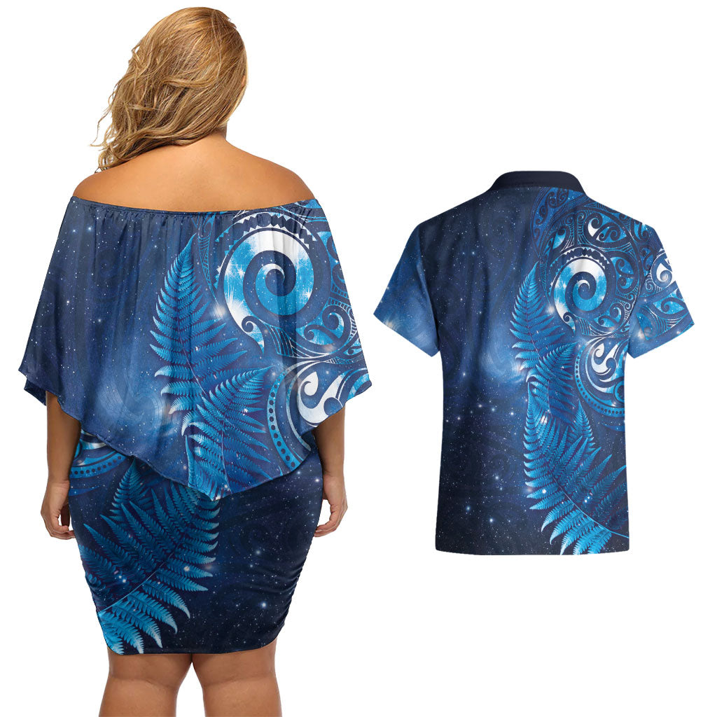 Aotearoa New Zealand New Year Couples Matching Off Shoulder Short Dress and Hawaiian Shirt Tribal Koru Tattoo Blue Galaxy Maori Silver Fern