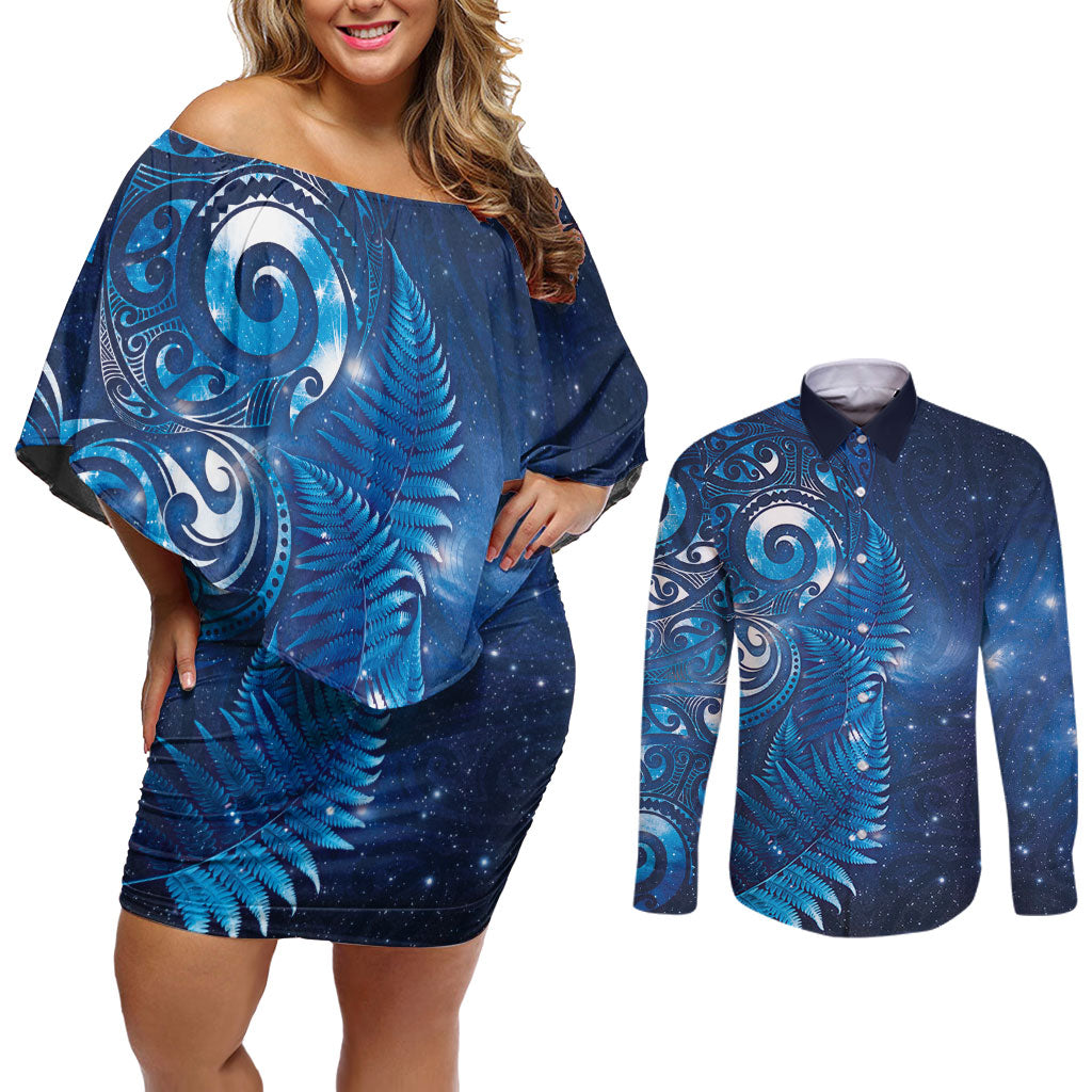 Aotearoa New Zealand New Year Couples Matching Off Shoulder Short Dress and Long Sleeve Button Shirt Tribal Koru Tattoo Blue Galaxy Maori Silver Fern
