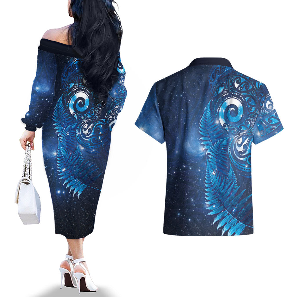 Aotearoa New Zealand New Year Couples Matching Off The Shoulder Long Sleeve Dress and Hawaiian Shirt Tribal Koru Tattoo Blue Galaxy Maori Silver Fern