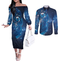 Aotearoa New Zealand New Year Couples Matching Off The Shoulder Long Sleeve Dress and Long Sleeve Button Shirt Tribal Koru Tattoo Blue Galaxy Maori Silver Fern
