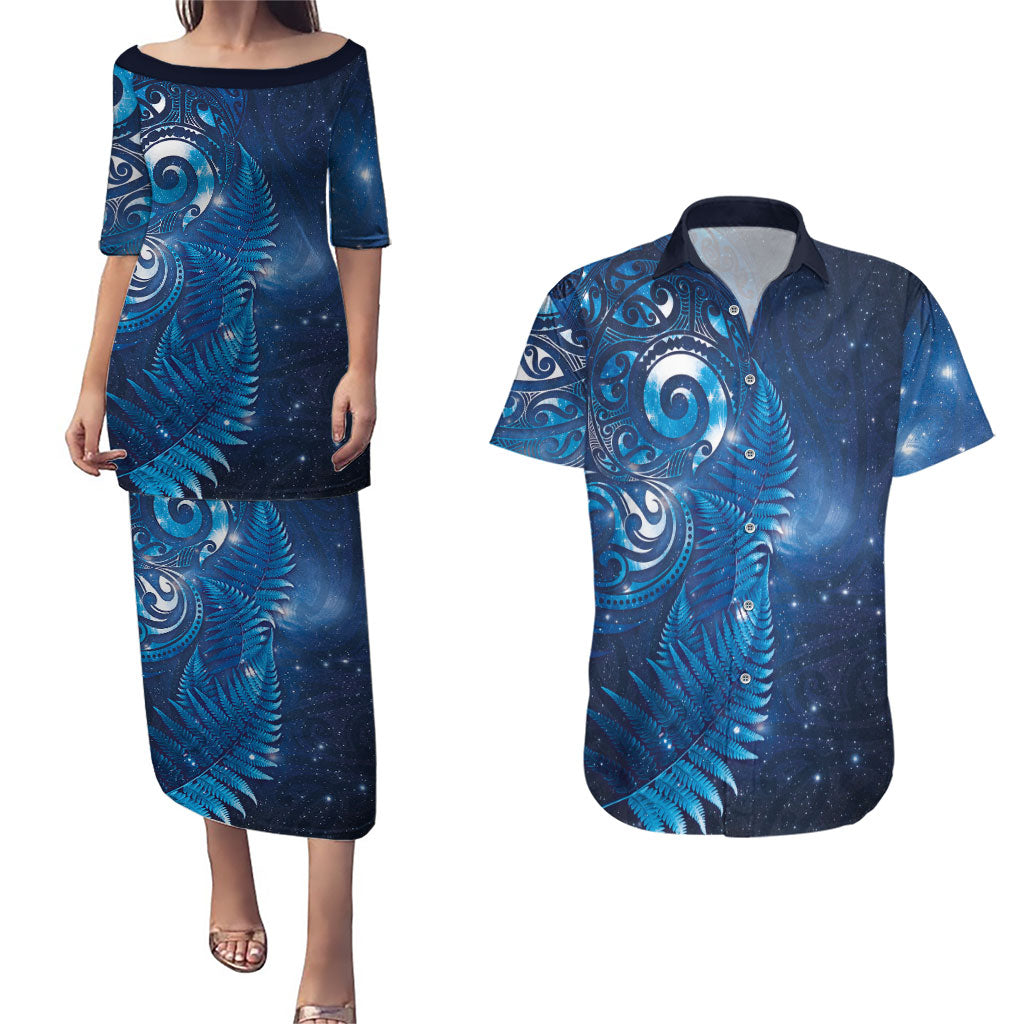 Aotearoa New Zealand New Year Couples Matching Puletasi and Hawaiian Shirt Tribal Koru Tattoo Blue Galaxy Maori Silver Fern