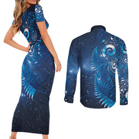 Aotearoa New Zealand New Year Couples Matching Short Sleeve Bodycon Dress and Long Sleeve Button Shirt Tribal Koru Tattoo Blue Galaxy Maori Silver Fern
