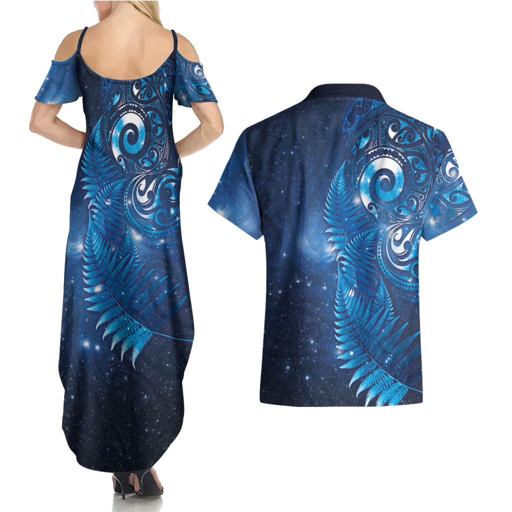 Aotearoa New Zealand New Year Couples Matching Summer Maxi Dress and Hawaiian Shirt Tribal Koru Tattoo Blue Galaxy Maori Silver Fern