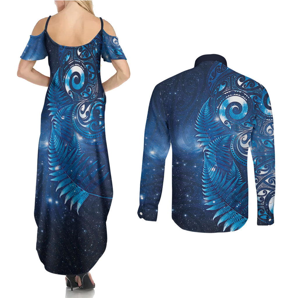 Aotearoa New Zealand New Year Couples Matching Summer Maxi Dress and Long Sleeve Button Shirt Tribal Koru Tattoo Blue Galaxy Maori Silver Fern