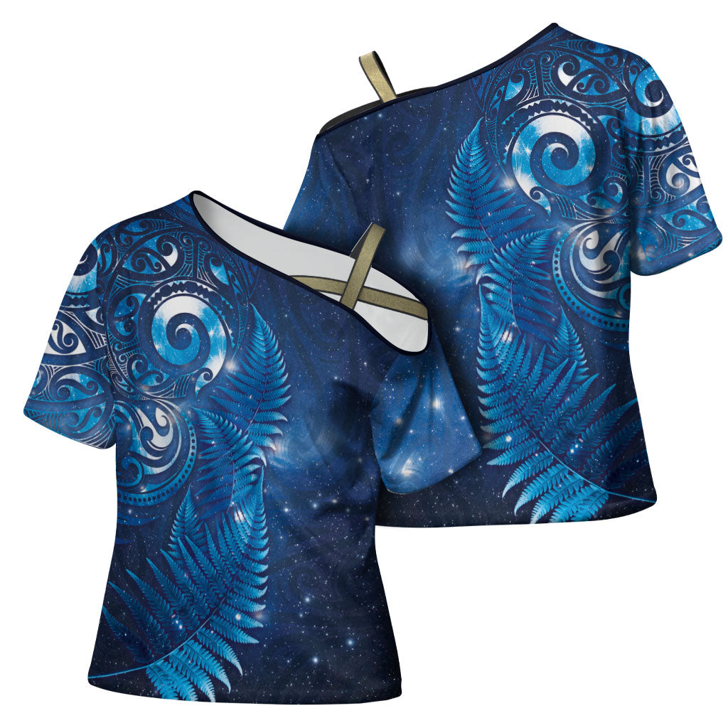 Aotearoa New Zealand New Year Cross Shoulder Shirt Tribal Koru Tattoo Blue Galaxy Maori Silver Fern