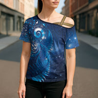 Aotearoa New Zealand New Year Cross Shoulder Shirt Tribal Koru Tattoo Blue Galaxy Maori Silver Fern