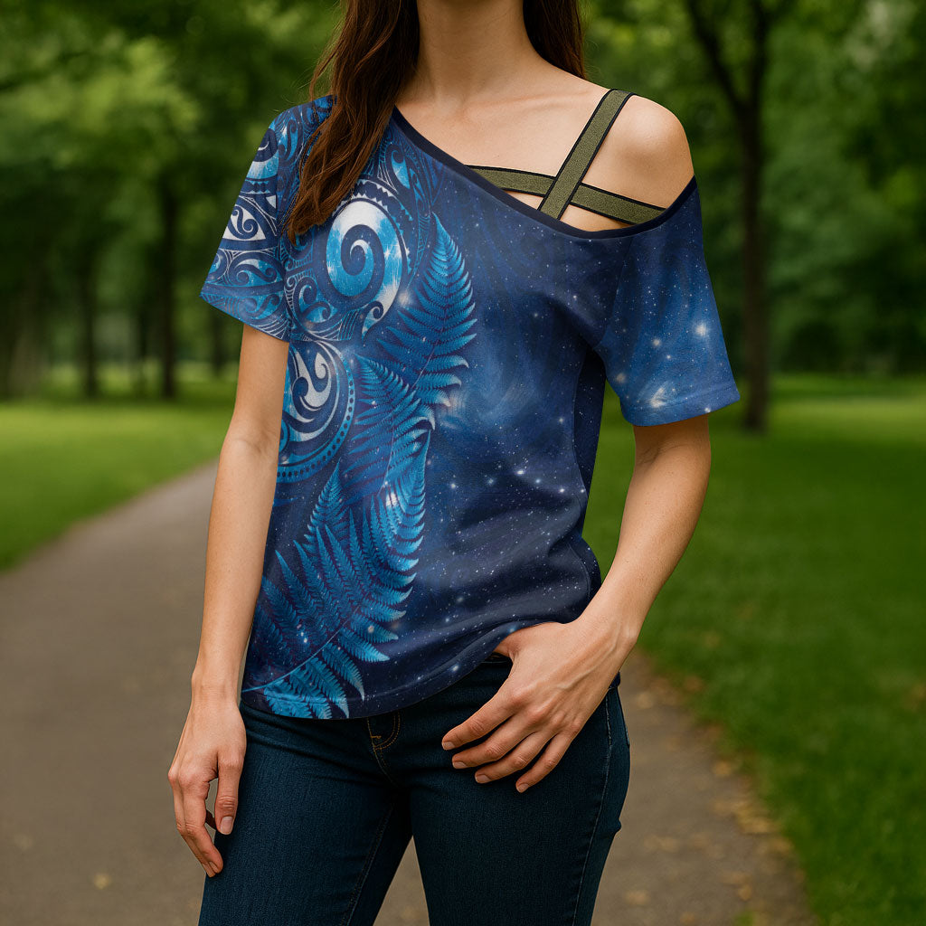 Aotearoa New Zealand New Year Cross Shoulder Shirt Tribal Koru Tattoo Blue Galaxy Maori Silver Fern