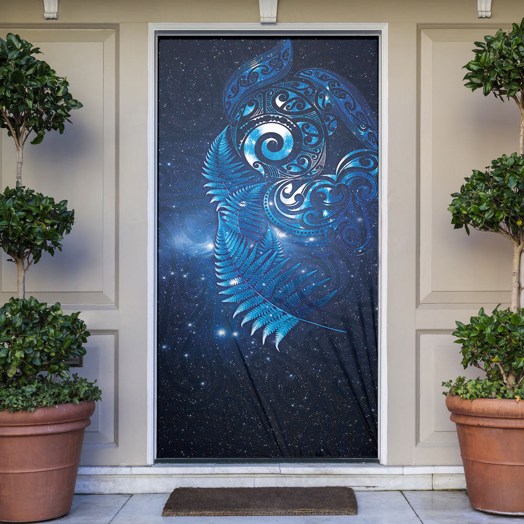 Aotearoa New Zealand New Year Door Cover Tribal Koru Tattoo Blue Galaxy Maori Silver Fern