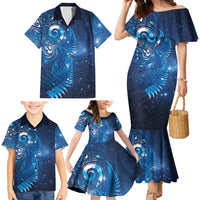 Aotearoa New Zealand New Year Family Matching Mermaid Dress and Hawaiian Shirt Tribal Koru Tattoo Blue Galaxy Maori Silver Fern