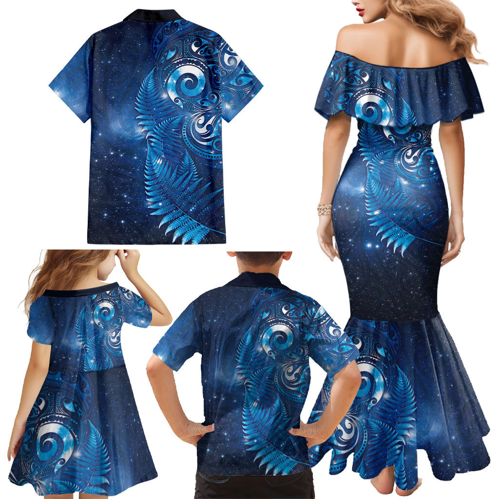 Aotearoa New Zealand New Year Family Matching Mermaid Dress and Hawaiian Shirt Tribal Koru Tattoo Blue Galaxy Maori Silver Fern