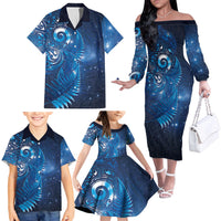 Aotearoa New Zealand New Year Family Matching Off The Shoulder Long Sleeve Dress and Hawaiian Shirt Tribal Koru Tattoo Blue Galaxy Maori Silver Fern