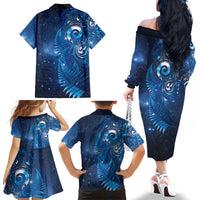 Aotearoa New Zealand New Year Family Matching Off The Shoulder Long Sleeve Dress and Hawaiian Shirt Tribal Koru Tattoo Blue Galaxy Maori Silver Fern